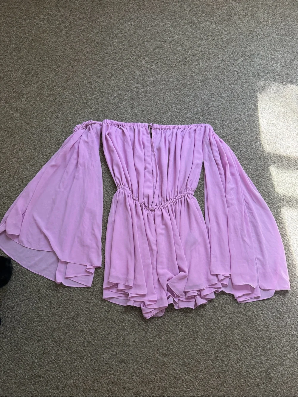Off-Shoulder Lavender Romper with Bell Sleeves